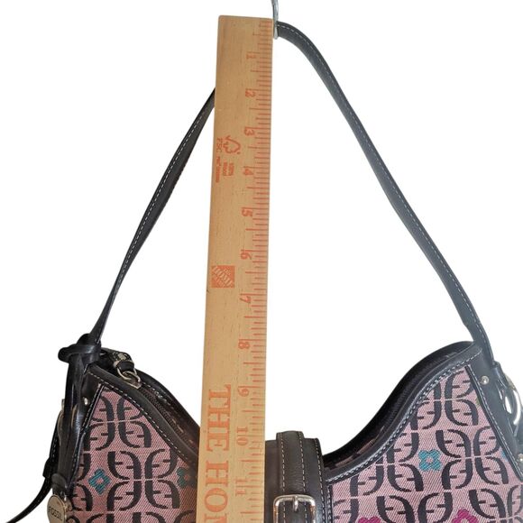 Fossil Monogram Shoulder Bag Purse Handbag Pink Black Leather Trim Flower Boho - Picture 10 of 13